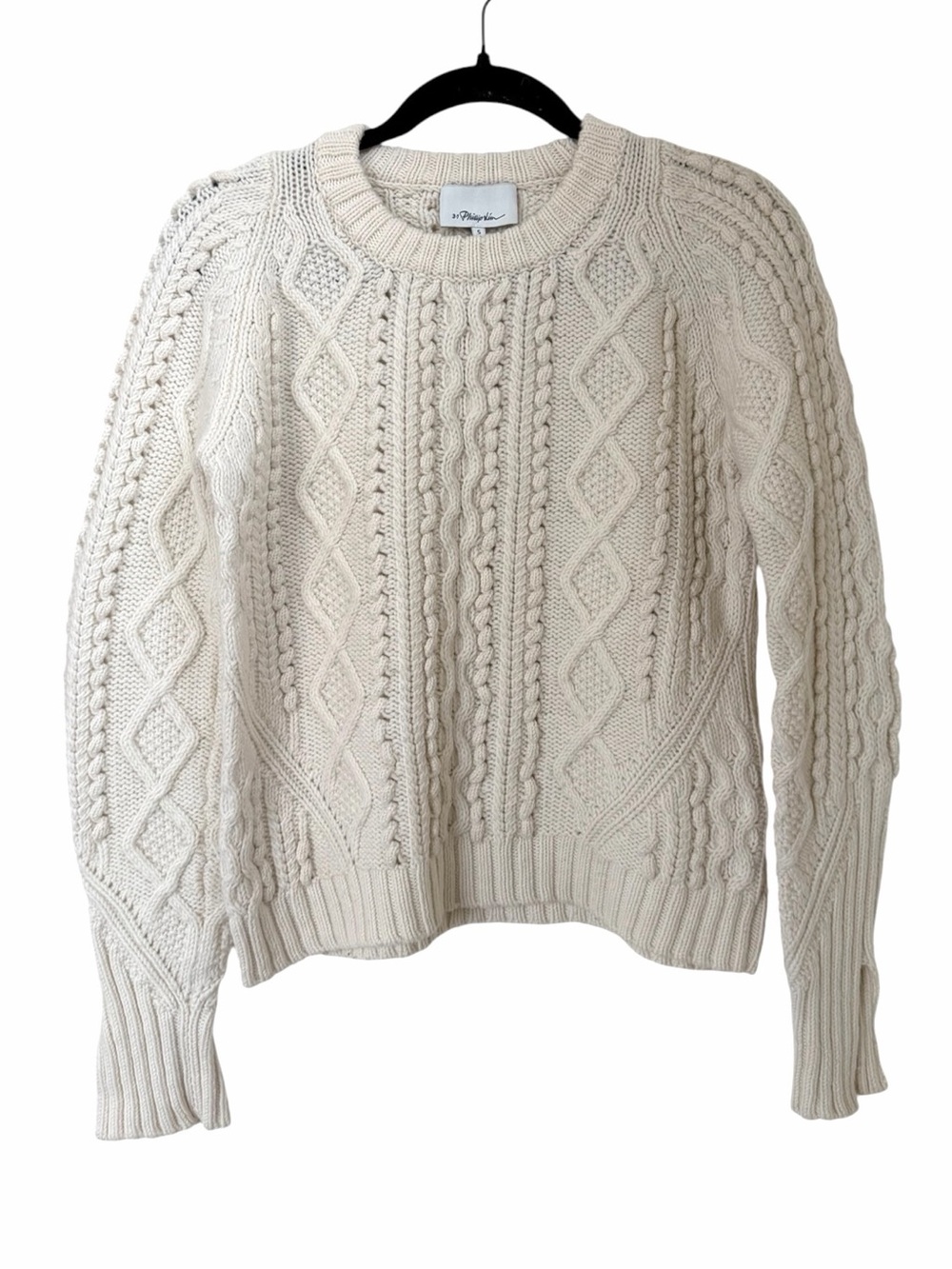 3.1 Phillip Lim Wool Ivory Popcorn Cable Knit Crewneck Sweater